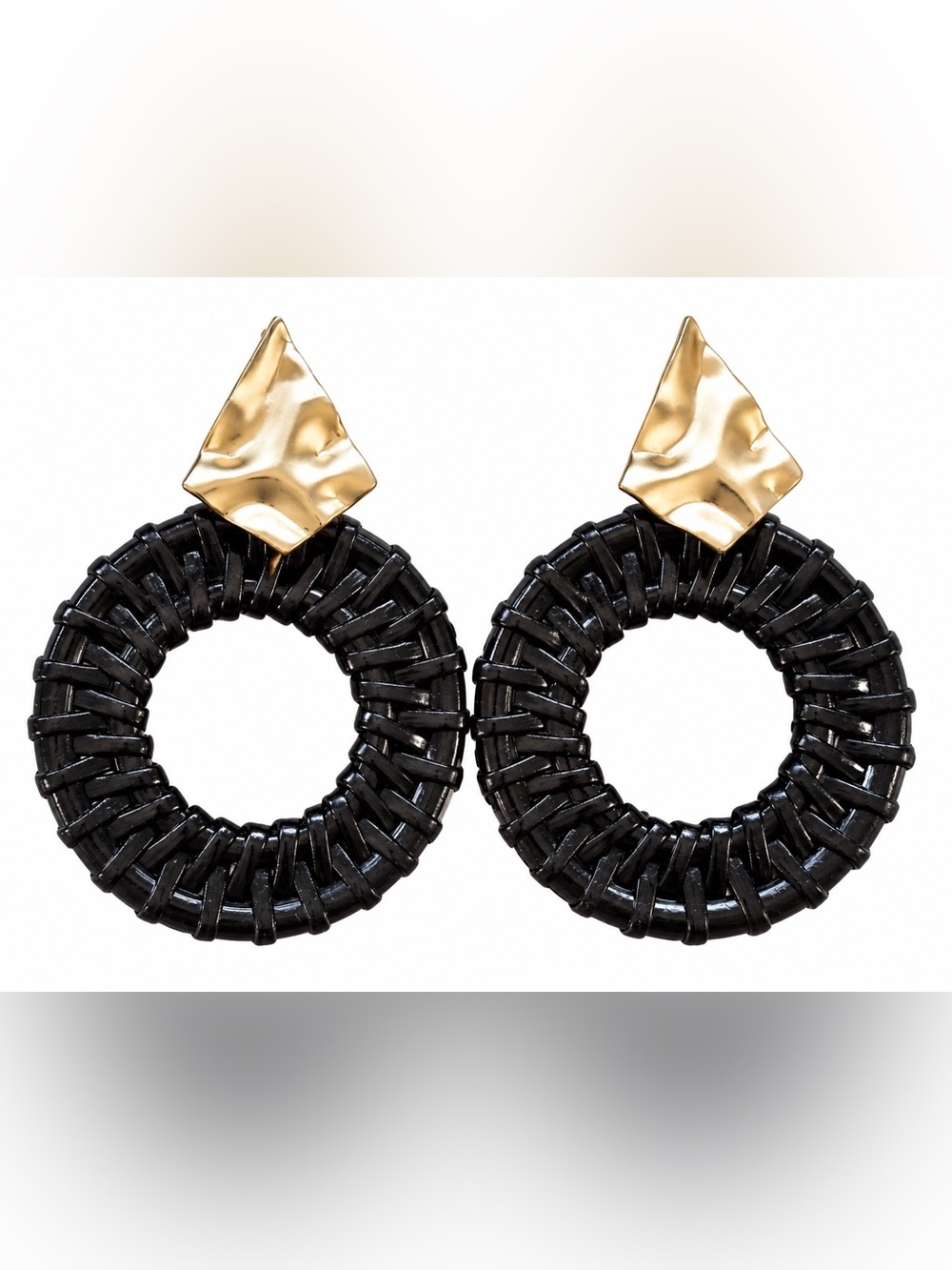 Black Woven Statement Hoop Drop Earrings Gold Tone Geometric Stud